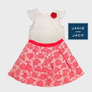 EUC Janie and Jack Set 100% Cotton White T-shirt & Pink Floral Jacquard Skirt 5